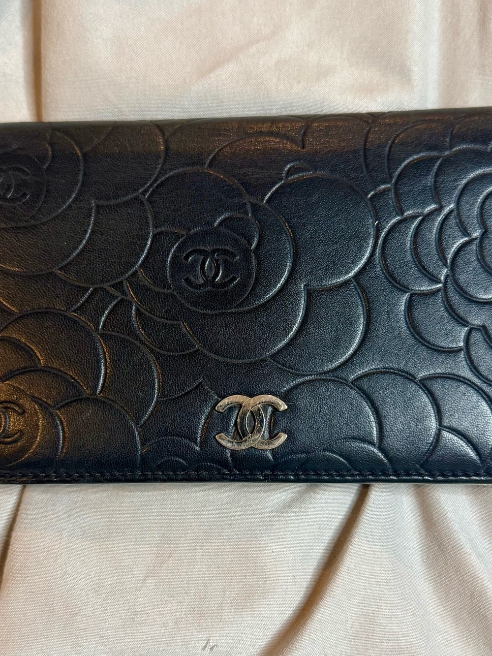 Chanel Camellia Embossed Black Leather Long Wallet + COA & Chain